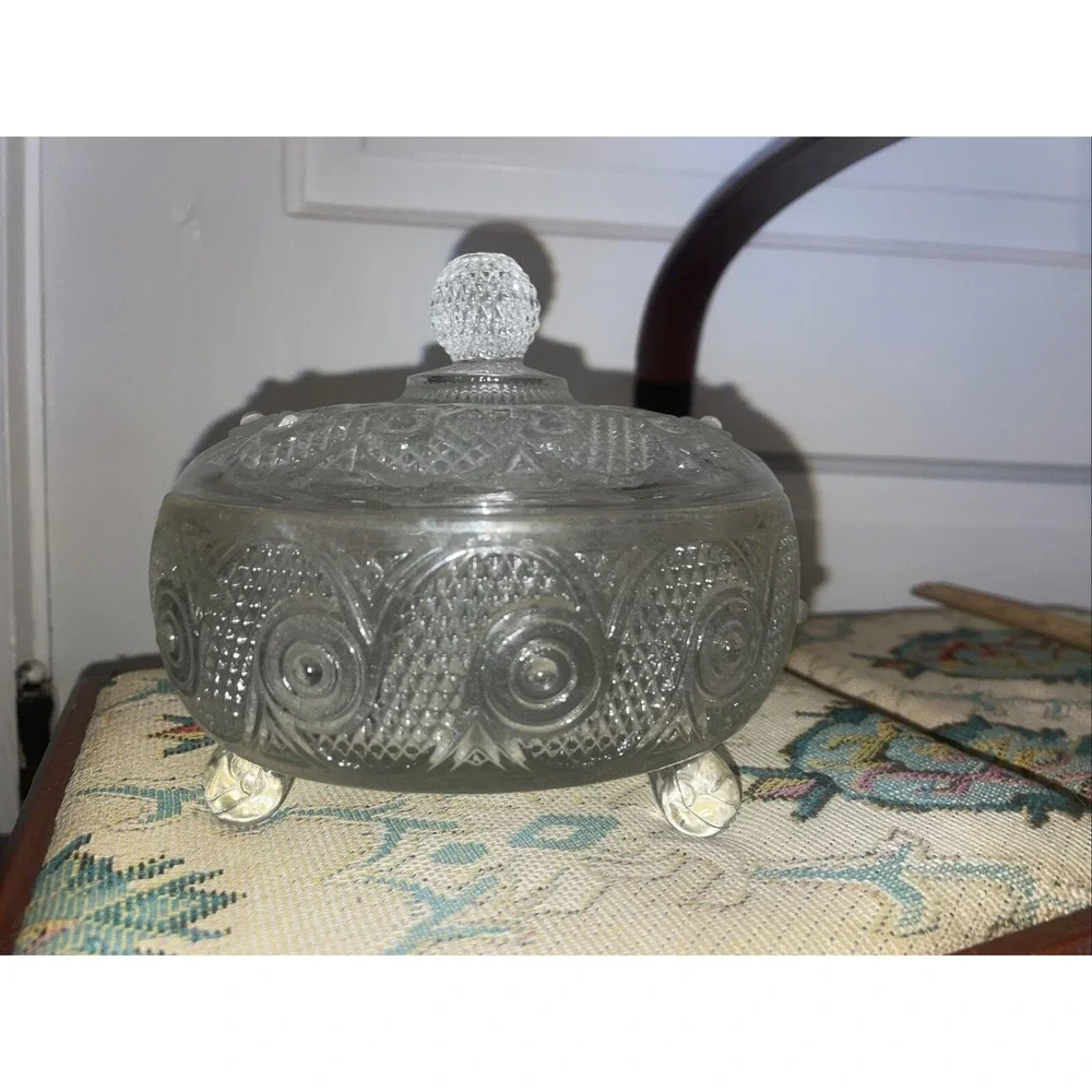 Vintage Candy Dish Bowl With Lid Clear Glass 3 Footed Marked AVON